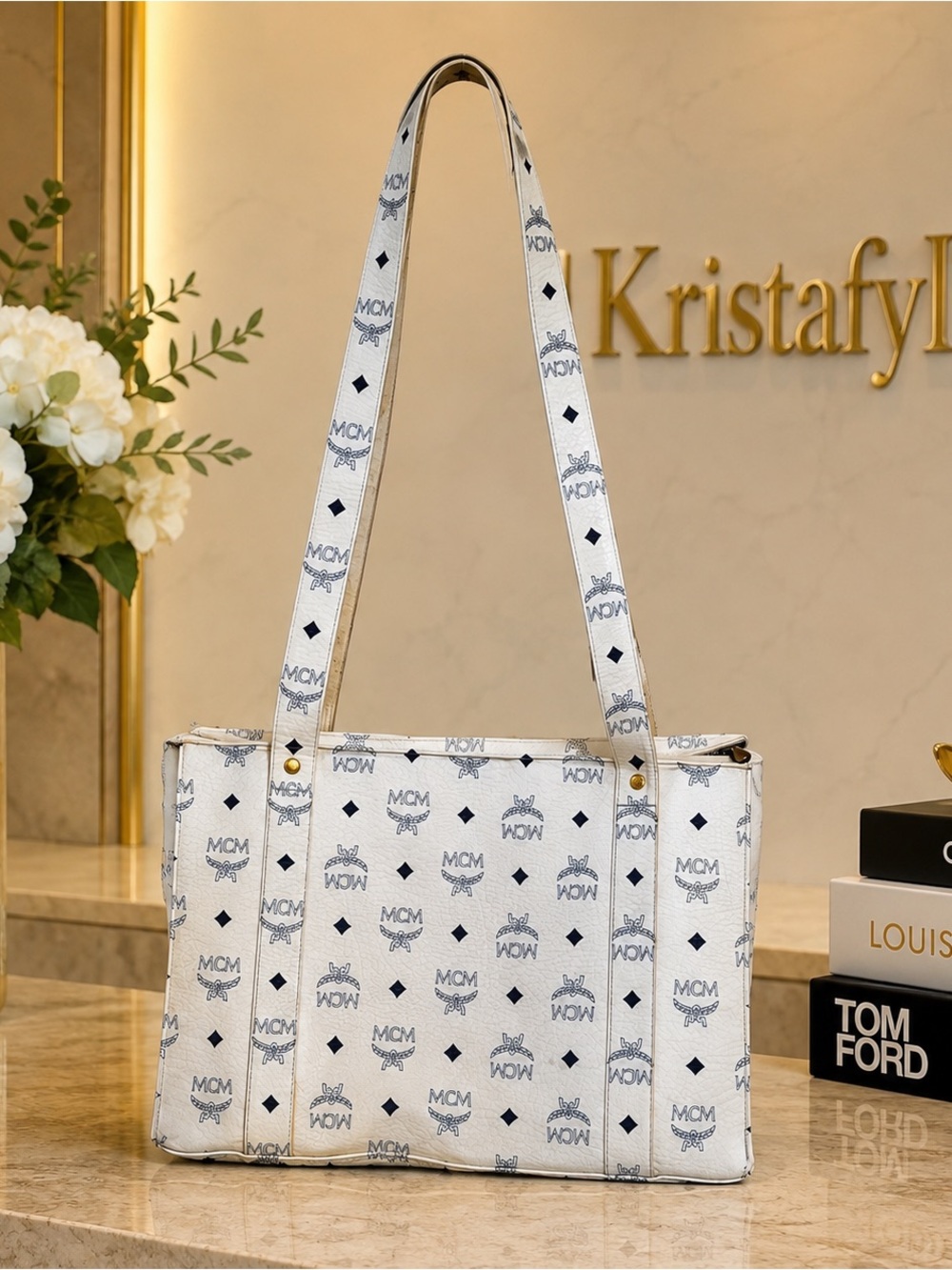 MCM Visetos White Monogram Large Shoulder Tote Shopper Bag - Picture 2 of 11